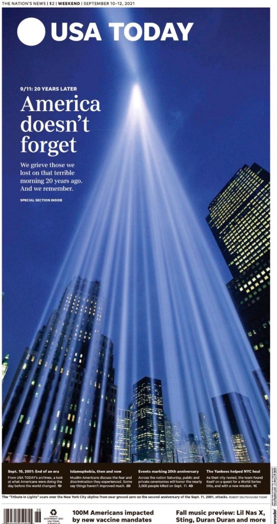 USA Today front page, Sept. 11, 2021, on the 20th anniversary of the attacks in New York. 