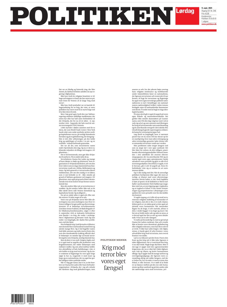 Politiken front page, Sept. 11, 2021, on the 20th anniversary of the attacks in New York. 