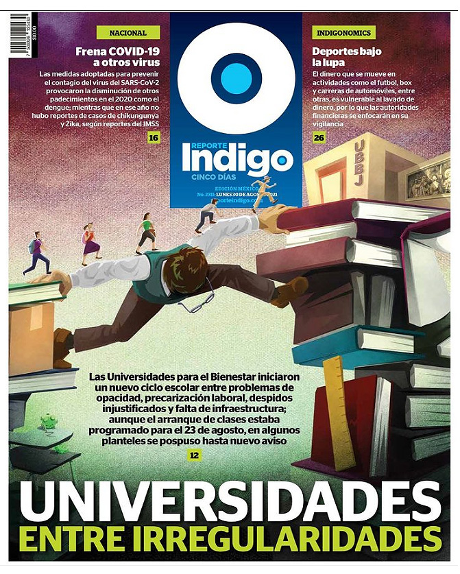 Reporter Indigo newspaper front page, drawing of man stretching between books as people walk over him.