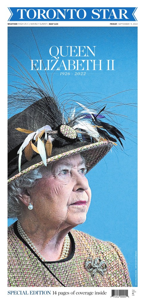 Toronto Star front page, Sept. 9, 2022