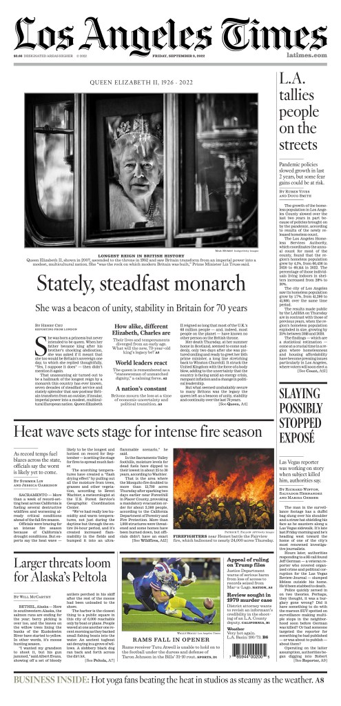 Los Angeles Times front page, Sept. 9, 2022