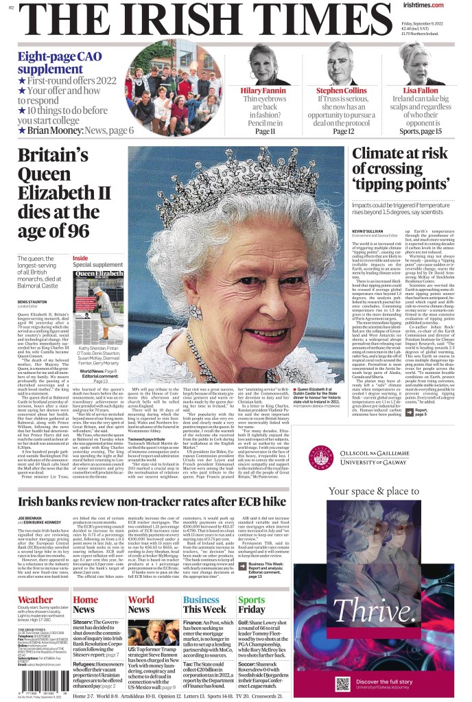 The Irish Times front page, Sept. 9, 2022