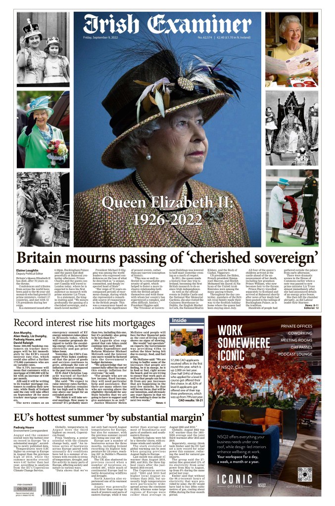 Irish Examiner front page, Sept. 9, 2022