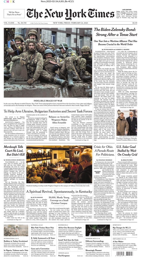 The New York Times front page, Feb. 24, 2023